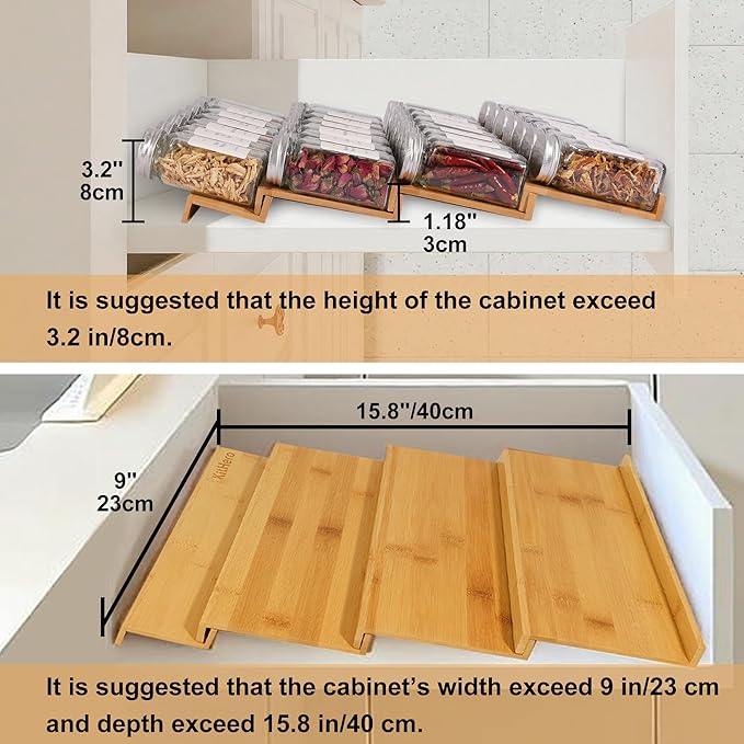 Spice Drawer Organizer with 18 Spice Jars,216 Labels,50 Non-slip Rubber, Bamboo 4 Tier Seasoning Rack Tray Insert for Kitchen Drawers,Cabinets,Countertop,9" Wide x 15.8" Deep