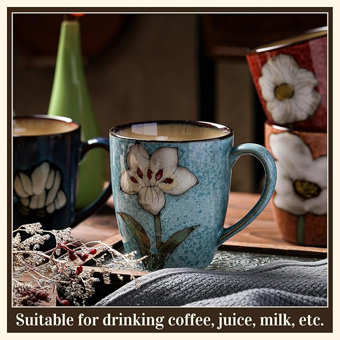 Maxdot 4 Pcs 12oz Ceramic Coffee Mugs Sets Glazing Process Cappuccino Mug Floral Ceramic Tea Cups Mother's Day Idea Gift for Women Mom Porcelain Cup for Coffee, Cocoa, Tea, Latte (Classic)