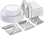Bestluck 175PCS Silver Plastic Dinnerware Set for 25 Guests, Disposable Plates for Party, Wedding, Include 25 Dinner Plates, 25 Dessert Plates, 25 Set Silver Silverware, 25 Cups, 25 Napkins