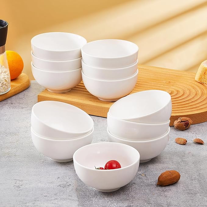 AntoKueh White 4.5in Small Ceramic Bowls 12 OZ, Cereal Bowls Set of 12 for Dessert, Rice, Family dressfamily gatherings, hosting dinner parties