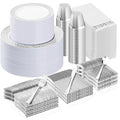 Bestluck 700PCS Silver Plastic Dinnerware Set for 100 Guests, Disposable Plates for Party, Include 100 Dinner Plates, 100 Dessert Plates, 100 Set Silver Silverware, 100 Cups, 100 Napkins