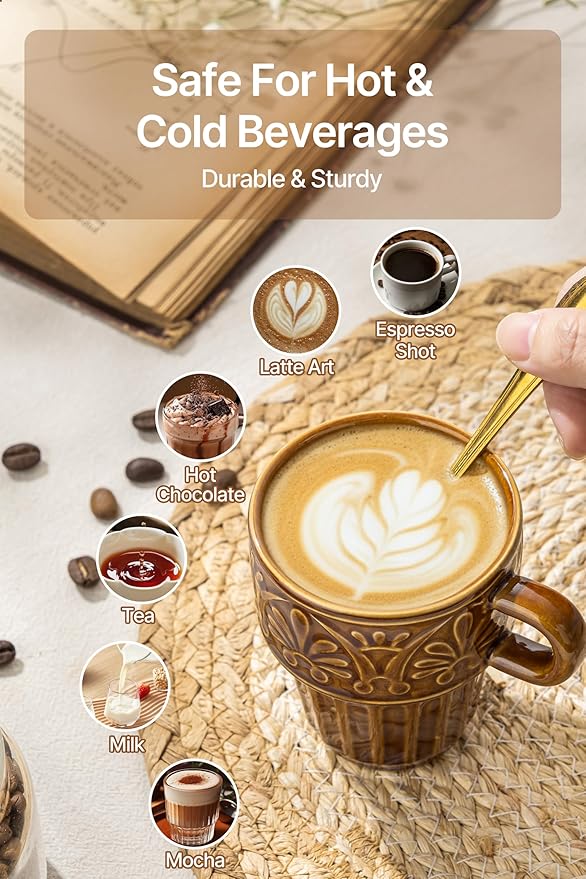 Espresso Cups Set of 6, Cappuccino Cups, Stackable Mug 6 OZ Ceramic Coffee Mug, Microwave & Dishwasher Safe, Tea Cocoa for Family Daily Use & Gathering, Great Gift for Any Special Occasion, Brown