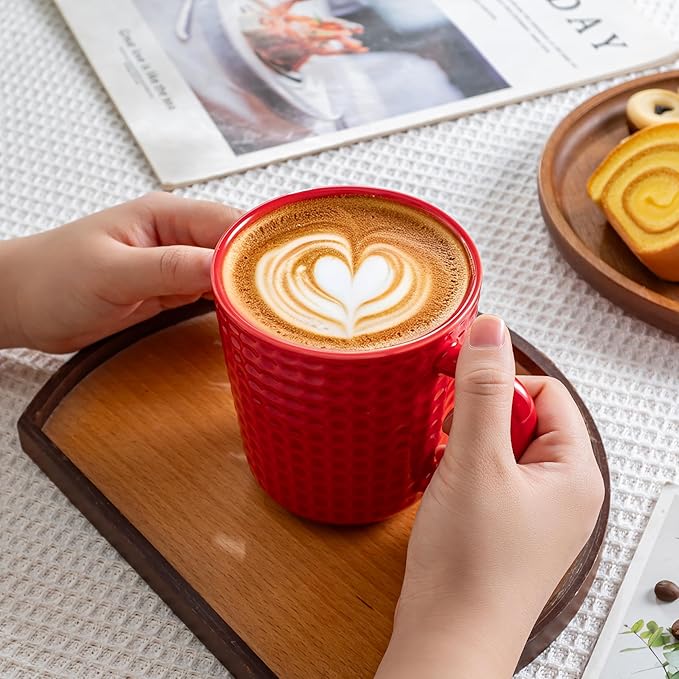 Ceramic Coffee Mugs Set of 4, 14oz Red Coffee Cups with Embossed Grid Texture, Modern Minimalist Coffee Mug for Latte Cappuccino Tea Cocoa, Dishwasher & Microwave Safe, Ideal Housewarming Gift