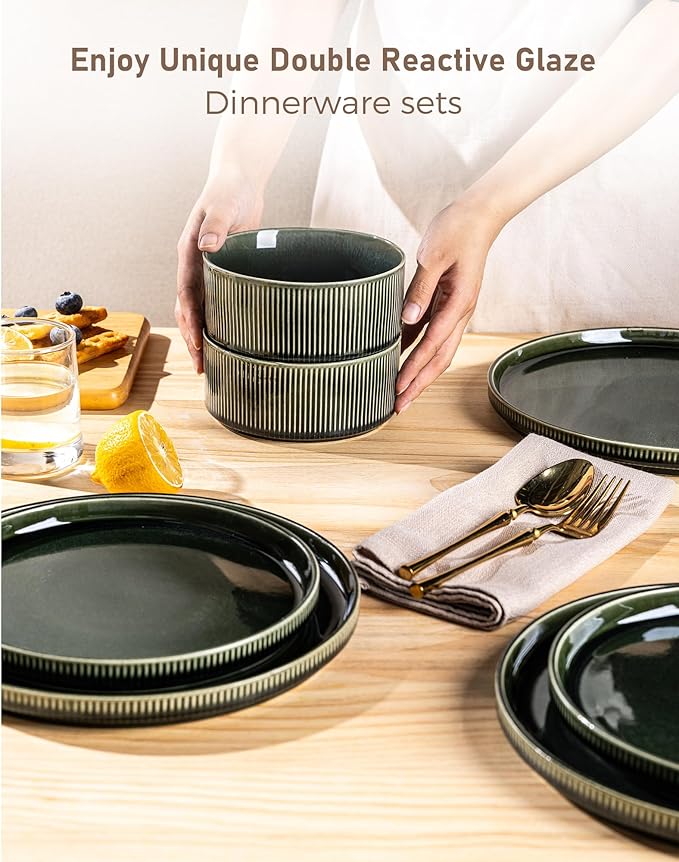 GBHOME 12-Piece Stoneware Dinnerware Set for 4 – Ribbed Ceramic Plates and Bowls, Scratch-Resistant, Microwave & Dishwasher Safe, Reactive Glaze, Mossed Jade