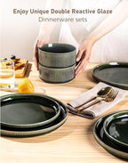 GBHOME 12-Piece Stoneware Dinnerware Set for 4 – Ribbed Ceramic Plates and Bowls, Scratch-Resistant, Microwave & Dishwasher Safe, Reactive Glaze, Mossed Jade