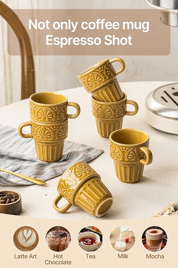LYEOBOH Small Coffee Mug Set of 6, Stackable Mugs 3.3 OZ Ceramic Espresso Cups, Microwave & Dishwasher Safe Coffee Mugs Cups for Coffee Tea Cocoa, Modern Design for Home Kitchen, Housewarming, Khaki