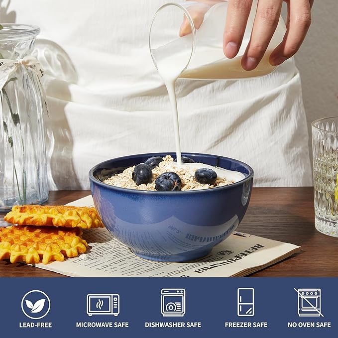 Pokini 5.5" Cereal Bowls & Dessert Bowls Set of 6-22 Oz Small Bowls for Kitchen-Ceramic Bowl for Cereal, Soup, Oatmeal, Salad, Ramen, Noodle, Rice, Yogurt-Dishwasher & Microwave Safe, Light Blue