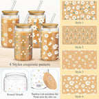 Mumufy 4 Pack Bridesmaid Gift Glass Cups, Cute Flower Mason Jars with Bamboo Lids & Straws, 16oz Iced Coffee Tumblers for Wedding, Bridal Party, Birthday, Mother's Day(Fresh Flower)