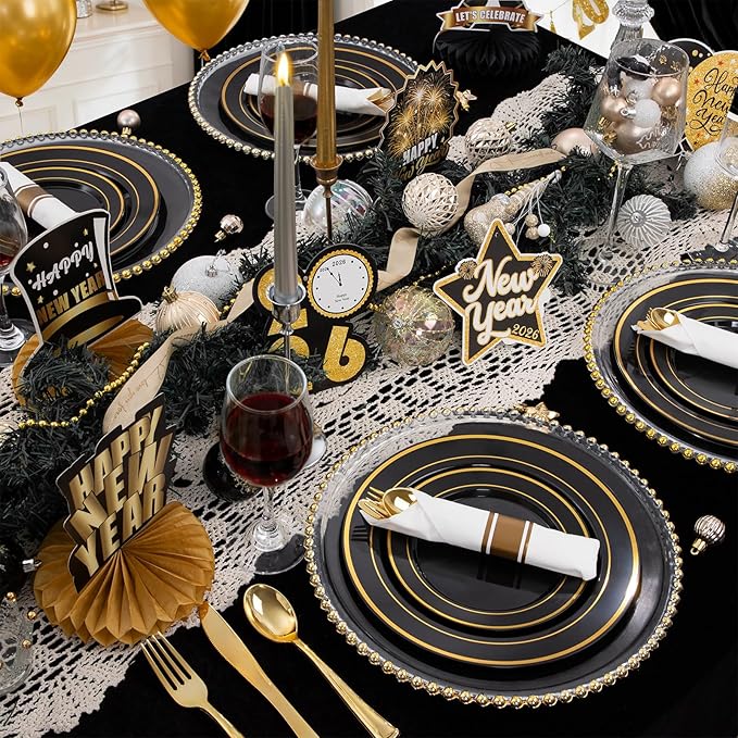 WDF Partyware 175PCS Black and Gold Plates - Black Disposable Plates for Party - 25Guests Disposable Dinnerware Set for Graduation Wedding Party Birthday