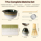 Matcha Whisk Set, Ceramic Matcha Kit Desert Style, Matcha Whisk and Bowl, Bamboo Scoop and Rest, Sifter and Tea Towel, 7 Pcs Gifts for Matcha Lover - Dark Green