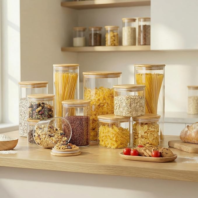 Square Glass Jars with Bamboo Lids 53 FL OZ [Set of 4], Glass Canisters with Airtight Lid, Glass Food Storage Containers for Pasta, Cereal, Coffee, Flour, Sugar, Best for Kitchen & Pantry