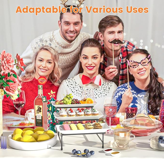 3 Tier Servings Tray for Party, 12"x6" Tiered Serving Platters with Steel Display Stand for Sevring Food,Cookies,Veggie, Dessert,Fruit, Black