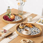 Set of 2 Round Rattan Tray Home Decor, Boho Decorative Wicker Serving Tray with Mother of Pearl Inlay for Coffee Table, Bathroom, Ottoman, Kitchen Table (Coastal Blue)