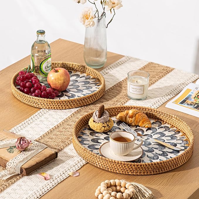 Round Rattan Tray Home Decor, 12'' Wicker Serving Tray with Mother of Pearl Inlay, Boho Decorative Tray for Coffee Table, Bathroom, Ottoman, Kitchen Table (Coastal Blue)