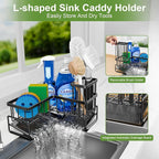 Fikoksol Large Sponge Holder for Kitchen Sink, 90-Degree Sink Caddy Organizer with Dish Brush Holder for Countertop Corner Storage Rack, Metal L-Shaped Kitchen Sink Sponge Soap Organizer Storage Ideas