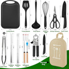 Camping Essentials Cookware Cooking Utensils Set - Portable Camp Kitchen Mess Kit Outdoor Accessories, Stainless Steel & Silicone, Camping Gear Equipment for RV Picnic Grill, Khaki