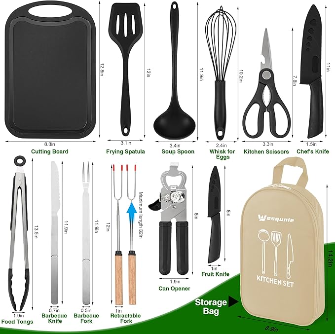 Camping Essentials Cookware Cooking Utensils Set - Portable Camp Kitchen Mess Kit Outdoor Accessories, Stainless Steel & Silicone, Camping Gear Equipment for RV Picnic Grill, Khaki