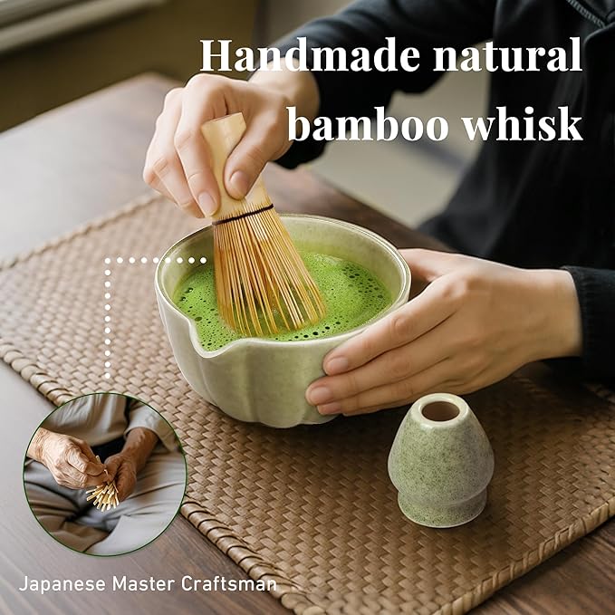 Matcha Whisk Set,7 PCS Ceramic Matcha Kit Includes Matcha Bowl with Spout, Matcha Whisk and Holder, Bamboo Scoop, Stainless Sifter, Towel, Unique Gift for Matcha Lovers (Matcha Green)