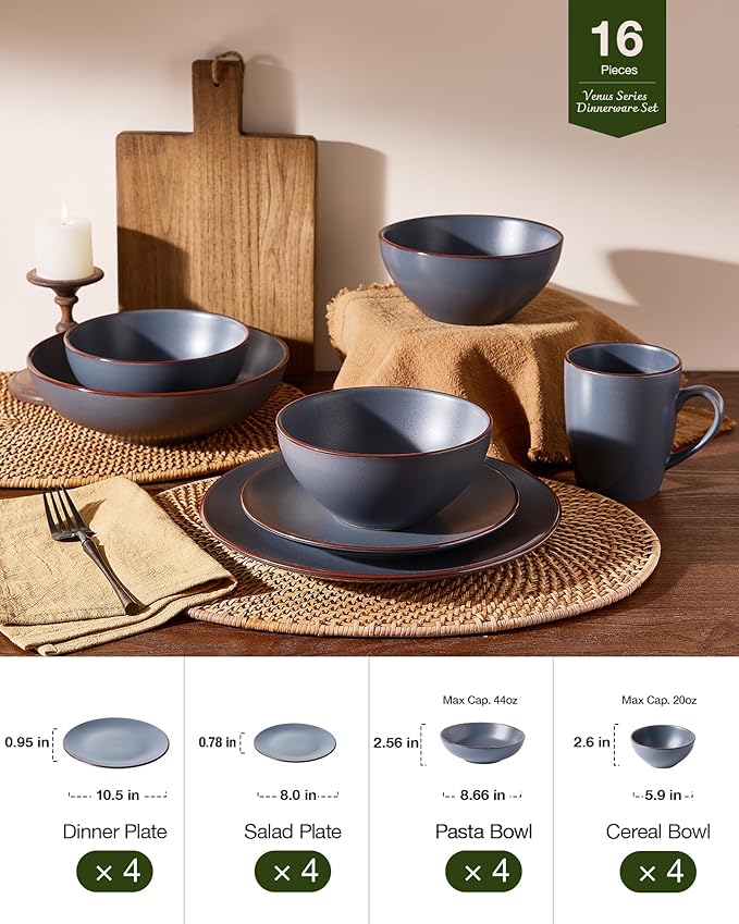 Famiware Venus Speckled Dinnerware Set with Pasta Bowls for 4 (16 Pieces), Stoneware Plates and Double Bowls, Matte Charcoal - Microwave & Dishwasher Safe Dishes with Trim for Everyday & Formal Use