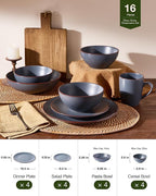 Famiware Venus Speckled Dinnerware Set with Pasta Bowls for 4 (16 Pieces), Stoneware Plates and Double Bowls, Matte Charcoal - Microwave & Dishwasher Safe Dishes with Trim for Everyday & Formal Use