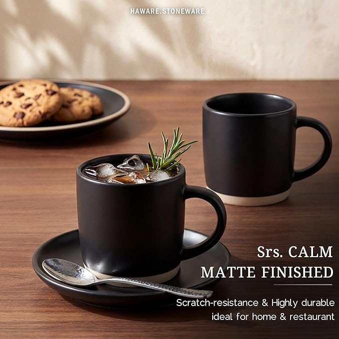 HaWare 13OZ Coffee Mugs Set of 4, Stoneware Coffee Cups, Ceramic Latte Mug for Man, Woman, Dad, Mom, Modern Tea Mugs for Latte/Cappuccino/Cocoa/Milk, Dishwasher& Microwave Safe, Frosting Black