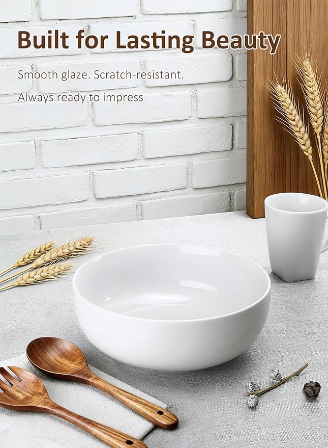 Yedio Pasta Serving Bowls 120 Ounce 9.7” Large Serving Bowls, Porcelain Salad Bowls for Kitchen, Big White Soup Bowls, Oven Dishwasher Safe, Set of 2