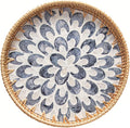 14 inch Round Rattan Tray Home Decor, Wicker Serving Tray with Mother of Pearl Inlay, Boho Decorative Tray for Coffee Table, Ottoman, Kitchen Table, Bathroom (Coastal Blue)