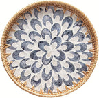 14 inch Round Rattan Tray Home Decor, Wicker Serving Tray with Mother of Pearl Inlay, Boho Decorative Tray for Coffee Table, Ottoman, Kitchen Table, Bathroom (Coastal Blue)