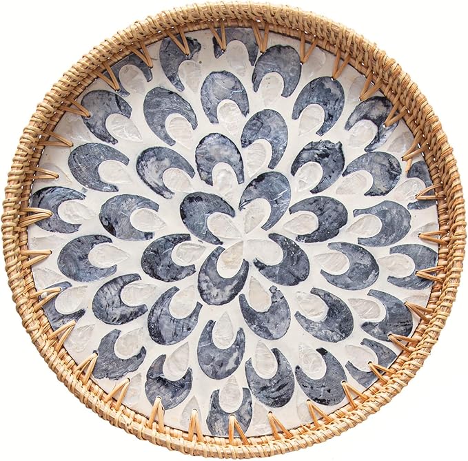 14 inch Round Rattan Tray Home Decor, Wicker Serving Tray with Mother of Pearl Inlay, Boho Decorative Tray for Coffee Table, Ottoman, Kitchen Table, Bathroom (Coastal Blue)