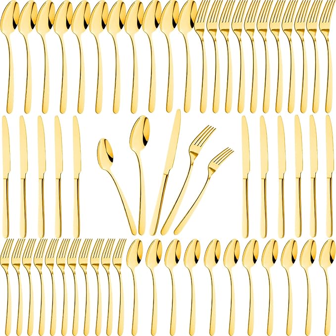 60 Pieces Gold Silverware Set for 12 Stainless Steel Shiny Gold Flatware Set for 12 Cutlery Tableware Set Utensil Set Include Mirror Polished Dinner Knife, Fork, Spoon for Home Restaurant and Wedding