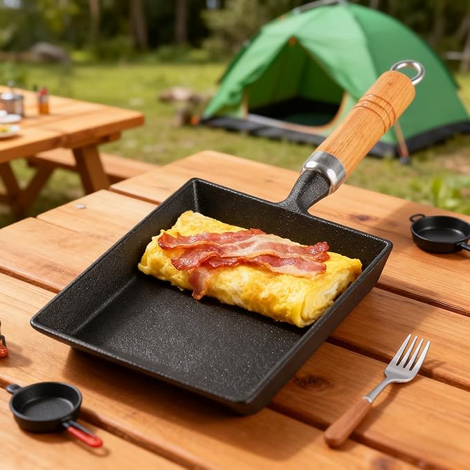 Tamagoyaki Pan, Cast Iron Japanese Omelette Pan for Breakfast, Perfect Rolled Eggs - Rectangular Egg Skillet for Gas & Induction Stovetops - Naturally Nonstick Surface When Seasoned, 7.2 x 6.1 inches