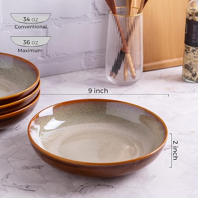 LERATIO Large Pasta Bowls,38oz Ceramic Pasta Bowls,9.0" Reactive Glaze Pasta Bowl Set of 6,Microwave & Dishwasher,Oven Safe,Wide Serving Bowls for Salad,Pasta,Fruit,Scratch Resistant-Khaki