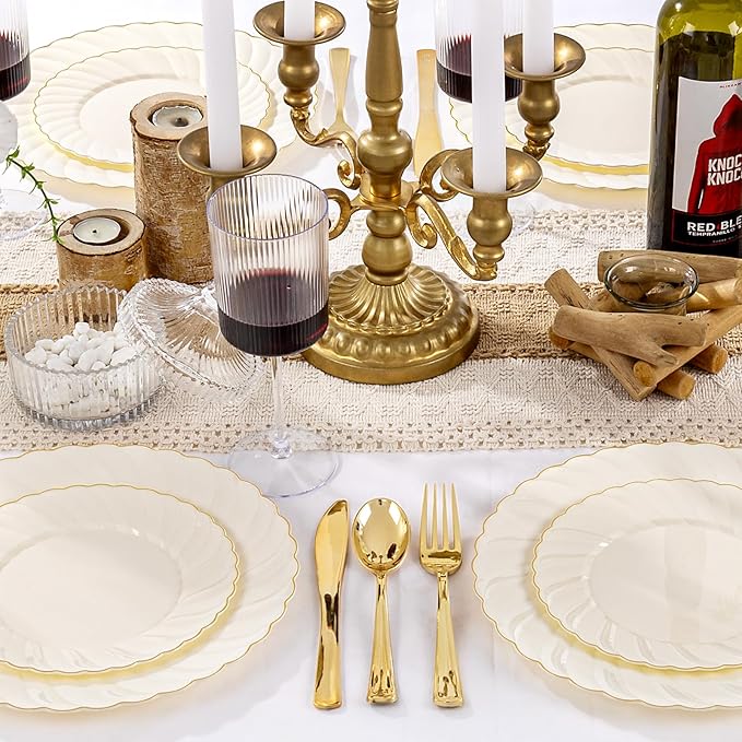 YOUBET 125PCS Scalloped Plastic Plates - Ivory Scalloped Disposable Plates - Gold Plastic Dinnerware Set Include 50 Plates, 75 Gold Silverware for Party & Wedding