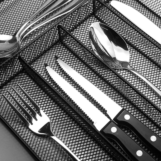 Teivio 24 Piece Silverware Set, Flatware Utensils Set Mirror Polished, Dishwasher Safe Service for 4, Include Knife/Fork/Spoon/Steak Knife/Wire Mesh Steel Cutlery Holder Storage Trays (Black Tray)