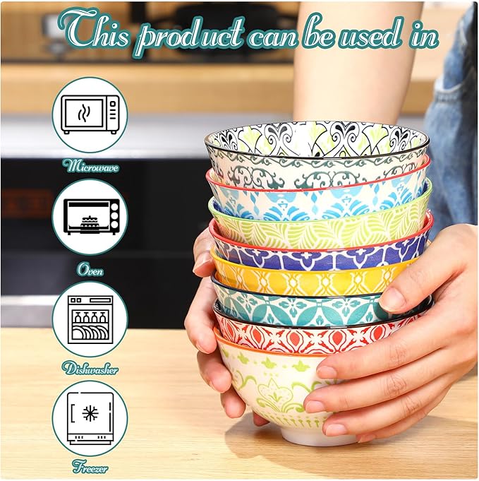 8 Pcs Colorful Ceramic Bowl Set 10 oz 4.75'' Porcelain Kitchen Soup Cereal Serving Bowls for Ramen Rice Dessert Snack Salad Ice Cream Pasta Oatmeal Microwave and Dishwasher Safe(Classic)