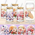 Mumufy 4 Pack Gift for Women Bloom Floral Elegant Glass Cup Tumbler Blooming Garden 16 oz Iced Coffee Glass with Bamboo Lid & Straw, Mothers Day Birthday Gift for Mom Sister Bridesmaid Baby Shower