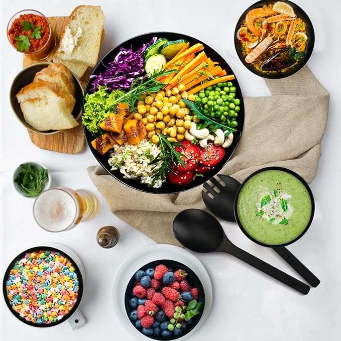 ShineMe Black Salad Bowl Set, 9.8inches Large Bamboo Fiber Salad Bowl With Lid and Utensils(Spoon & Fork), Solid Mixing Bowl For Serving Pasta, Fruits, Vegetables, Bread and Halloween Candy