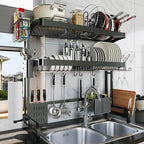 LIVOD Over The Sink Dish Drying Rack,3 Tier Adjustable Length Full Stainless Steel Large Storage Kitchen Dish Rack,for Kitchen Counter Expandable Multifunctional Organizers,Silver (25.5'' to 37.6'')