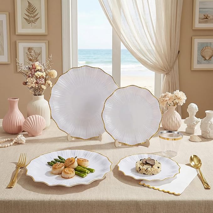 I00000 350 PCS White and Gold Plastic Plates for 50 Guests, Premium Scalloped Disposable Dinnerware Set Include: 100 Disposable Plate, 50 Napkins, 50 Cups, 50 Silverware Set for Party & Wedding