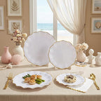 I00000 350 PCS White and Gold Plastic Plates for 50 Guests, Premium Scalloped Disposable Dinnerware Set Include: 100 Disposable Plate, 50 Napkins, 50 Cups, 50 Silverware Set for Party & Wedding