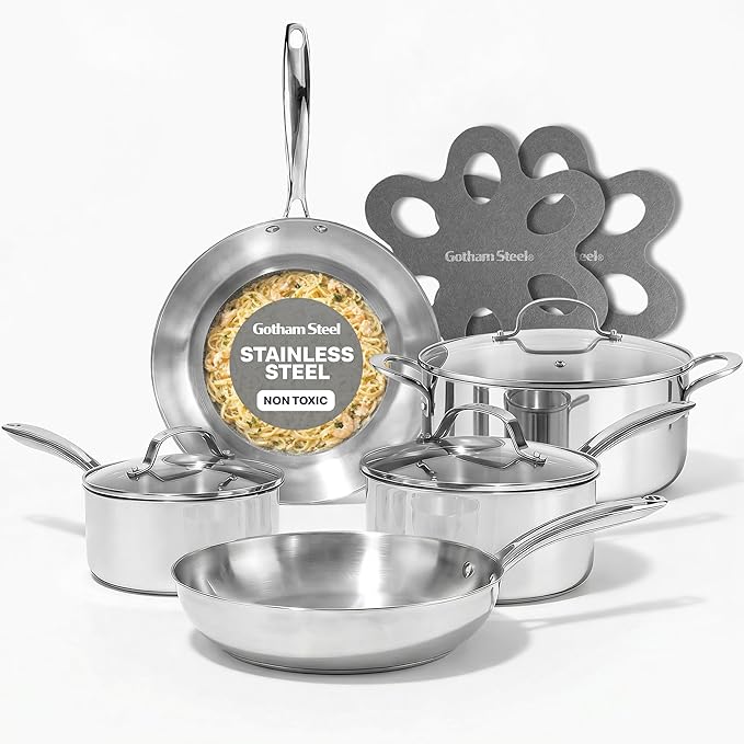 Gotham Steel 10 Pcs Tri Ply Stainless Steel Cookware Set, Pots and Pans Set with Induction Bottom, Made Without PTFE PFOA PFOS, Metal Utensil Safe, Oven and Dishwasher Safe