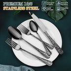 Black Silverware Set, 30 Pieces Vintage Carved Flatware Set for 6, Stainless Steel Cutlery Set with Knife/Fork/Spoon,Utensil Set for Home and Kitchen, Dishwasher Safe
