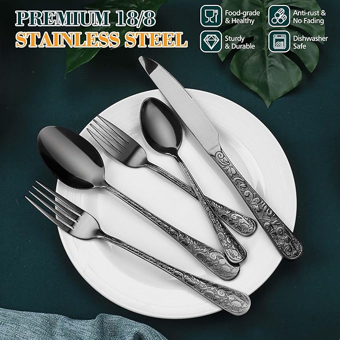 Black Silverware Set, 30 Pieces Vintage Carved Flatware Set for 6, Stainless Steel Cutlery Set with Knife/Fork/Spoon,Utensil Set for Home and Kitchen, Dishwasher Safe