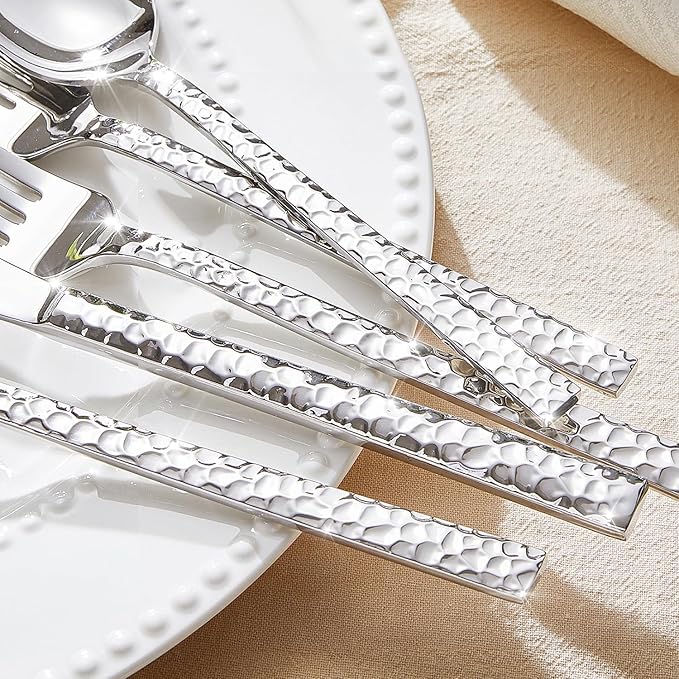 KINGSTONE 65 Piece Hammered Silverware Set with Serving Utensils, 18/10 Stainless Steel Flatware Set for 8, Cutlery Set for Home, Party, Wedding, Mirror Polished Dishwasher Safe