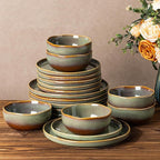 TheTerra Ceramic Dinnerware Sets for 6, 18 Pieces Handmade Reactive Glaze Plates and Bowls Sets, Scratch Resistant Dish Set, Oven & Microwave & Dishwasher Safe, Brown Green
