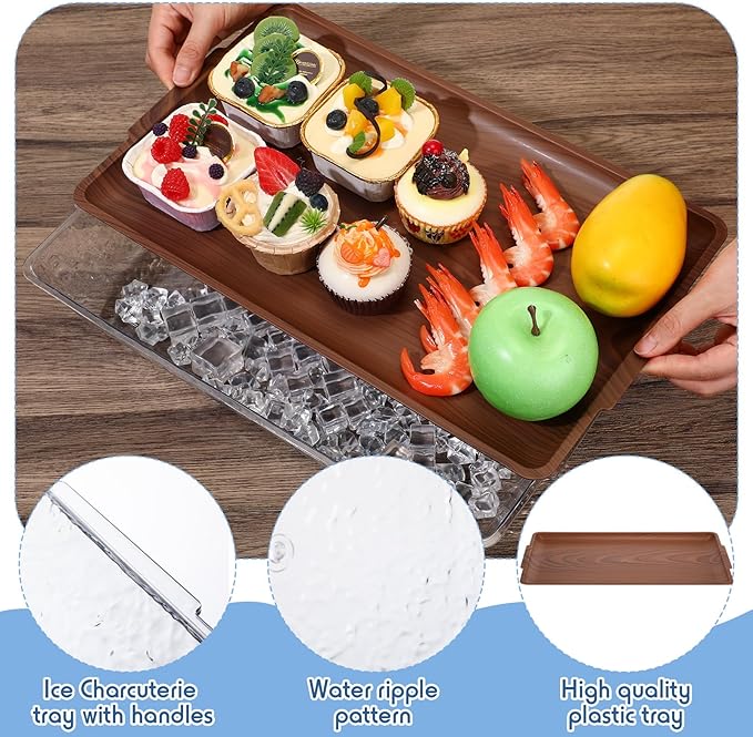 Baderke 2 Set 16" x 9" Plastic Chilled Serving Tray for Parties with Compartments Ice Chilled Party Platter Charcuterie Serving Board Cold Dish Dip for Fruit Seafood Vegetable Appetizer (Dark Wood)