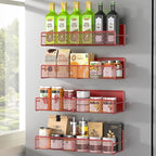 Magnetic Spice Rack for Refrigerator, 4 Pack 100% Metal Strong Magnet Fridge Shelves, Space Saving Spice Organizer, No Drilling Moveable Home Kitchen Laundry Room Storage Organization, Red