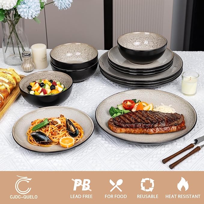 Plates and Bowls Sets for 4 - CJDC-QUELO 12-Piece Stoneware Dinnerware Sets, Ceramic Dishware Set for Kitchen Use and Formal Dining, Chip and Scratch Resistant Microwave Dishwasher Safe, Brown