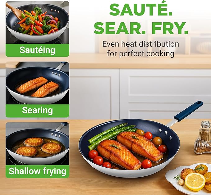 NutriChef 10 Inch Non Stick Ceramic Coated Frying Pan, Aluminum Frying Pan with Silicone Handle, Stain-Resistant, PFOA Free – Compatible with Gas, Electric, Induction, and Ceramic Cooktops