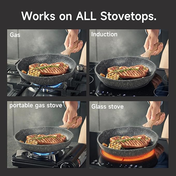 JEETEE 11 inch Nonstick Frying Pan Granite Stone Coating Cookware, Nonstick Omelette Skillet with Soft Touch Handle, All Stove Induction Compatible (Gray)